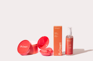 peach and cream glow dual stimulation vibrator and honey water based lubricant