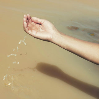 A hand reaching over shallow water in warm light