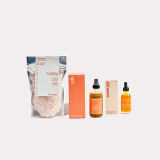 peach & cream bath ritual bundle - mineral bath salts, essence body oil and silk dry oil