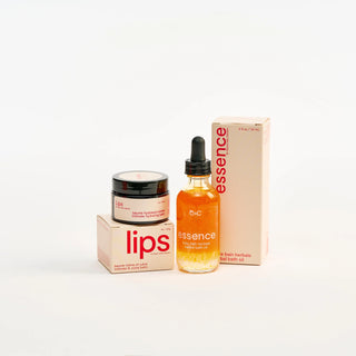 Peach and Cream Vulva Balm Bath and body products including a jar, bottle, and box with 'essence' branding on a white background.