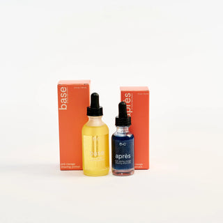 Two Peach and Cream dropper bottles from shaving kit bundle with their respective boxes on a white background